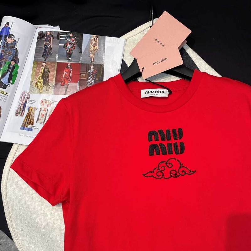 Miu Miu Embroidered Cotton T-shirt Red