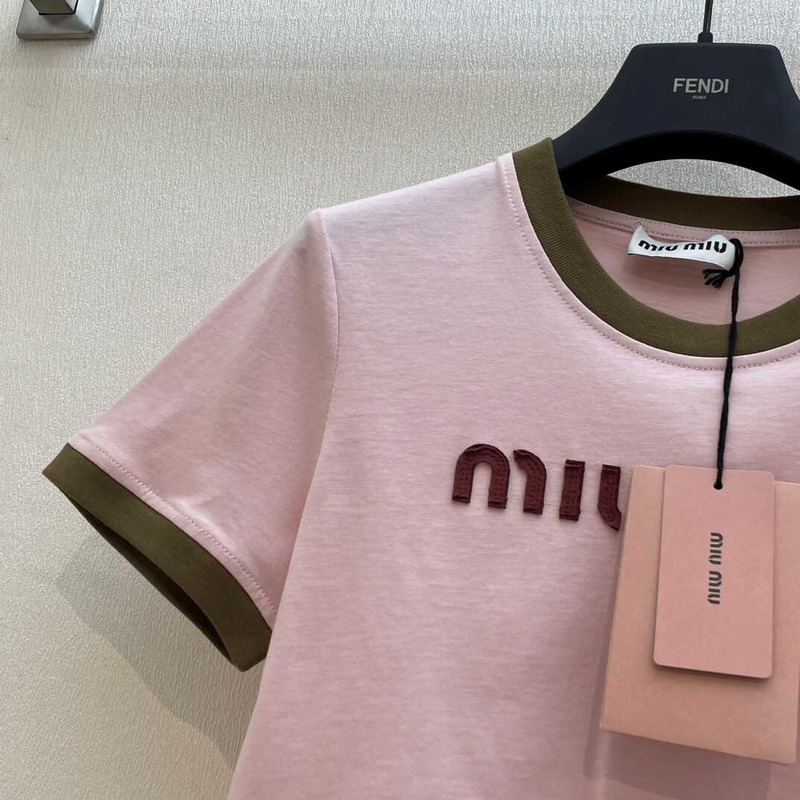 Miu Miu Embroidered Cotton Jersey T-shirt Alabaster Pink