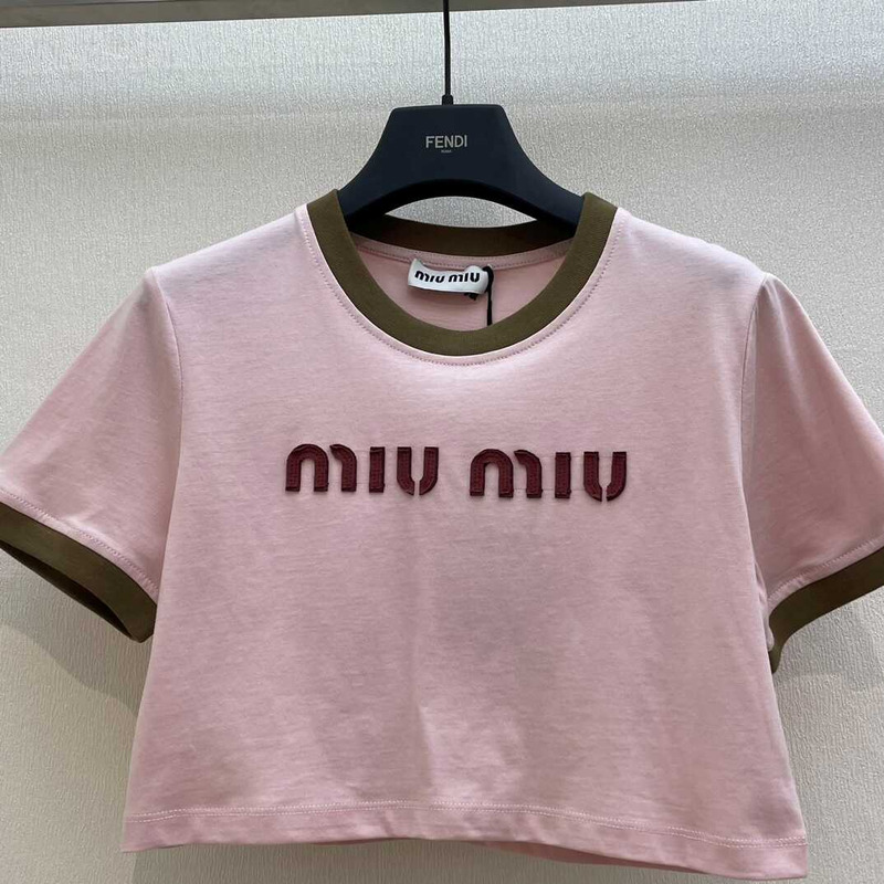 Miu Miu Embroidered Cotton Jersey T-shirt Alabaster Pink