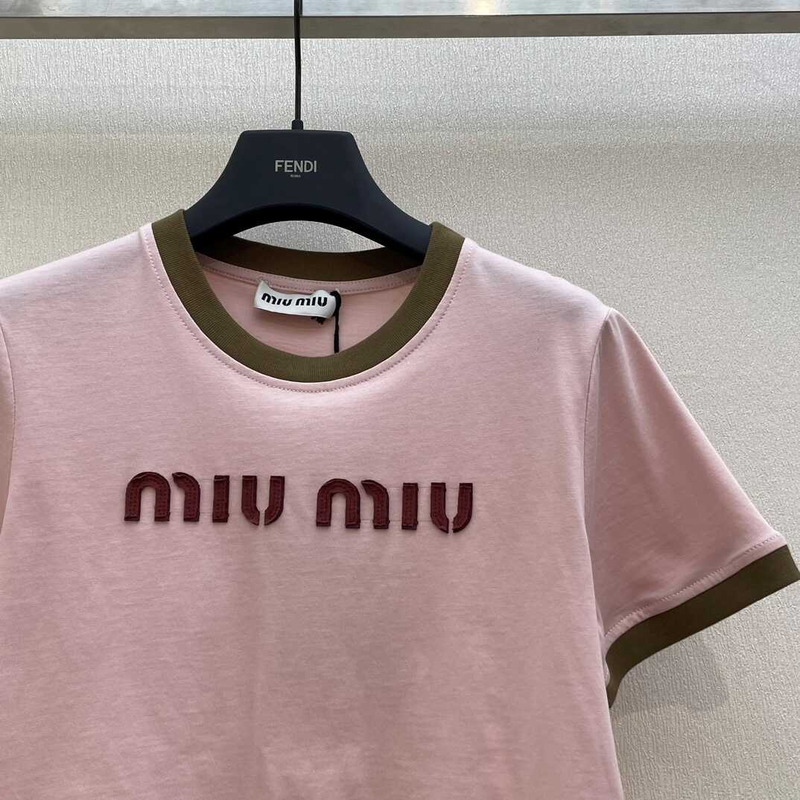 Miu Miu Embroidered Cotton Jersey T-shirt Alabaster Pink
