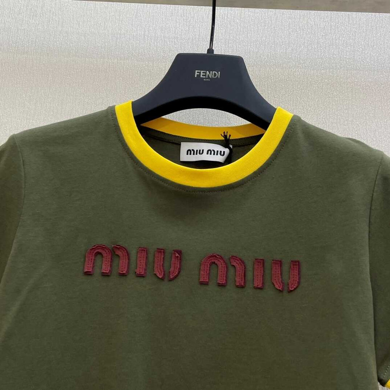 Miu Miu Embroidered Cotton Jersey T-shirt Camouflage/Yellow