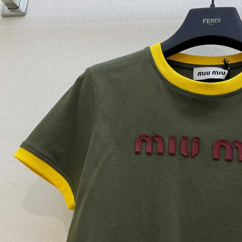 Miu Miu Embroidered Cotton Jersey T-shirt Camouflage/Yellow