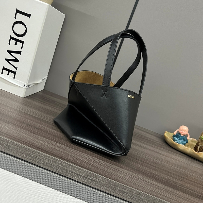 Loewe Mini Puzzle Fold Tote in Shiny Calfskin Black