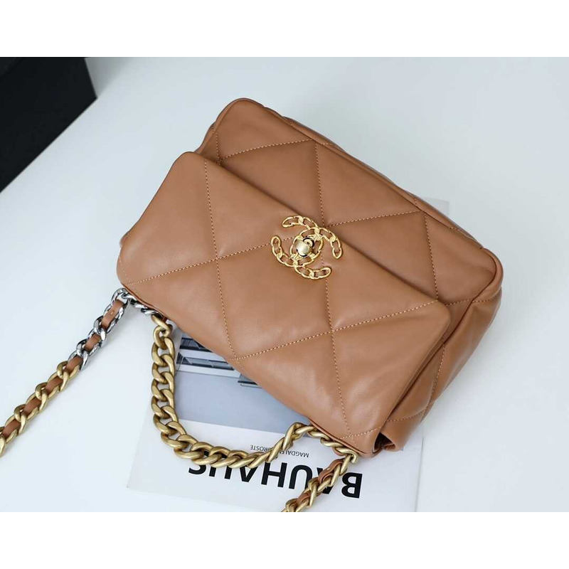 Ch*el 19 small flap lambskin silver aged gold brown