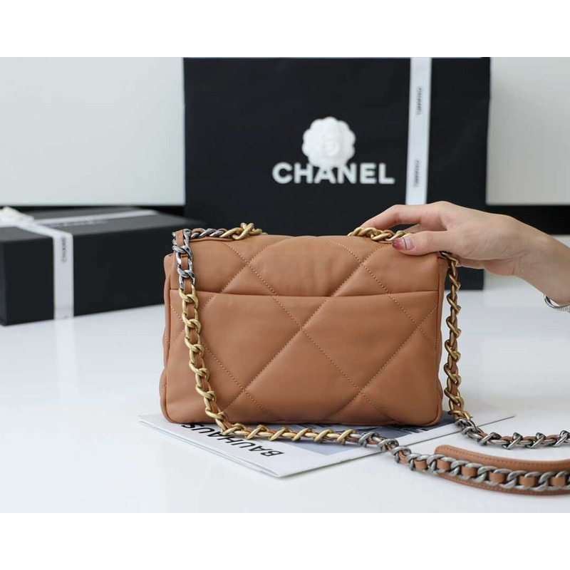 Ch*el 19 small flap lambskin silver aged gold brown