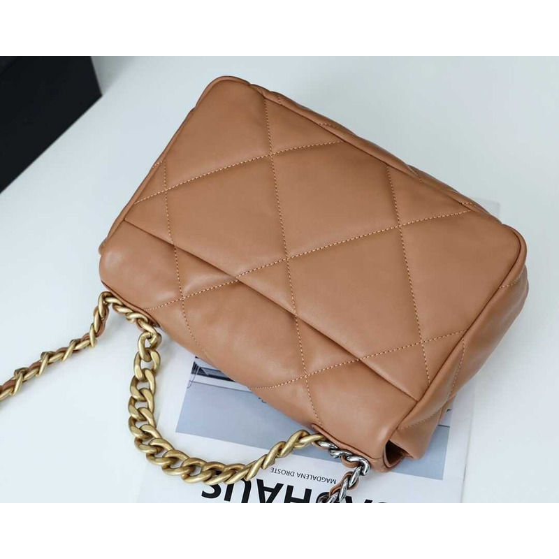 Ch*el 19 small flap lambskin silver aged gold brown