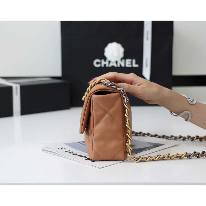 Ch*el 19 small flap lambskin silver aged gold brown