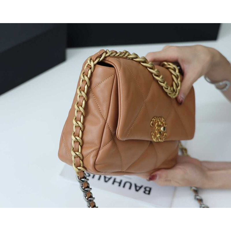 Ch*el 19 small flap lambskin silver aged gold brown