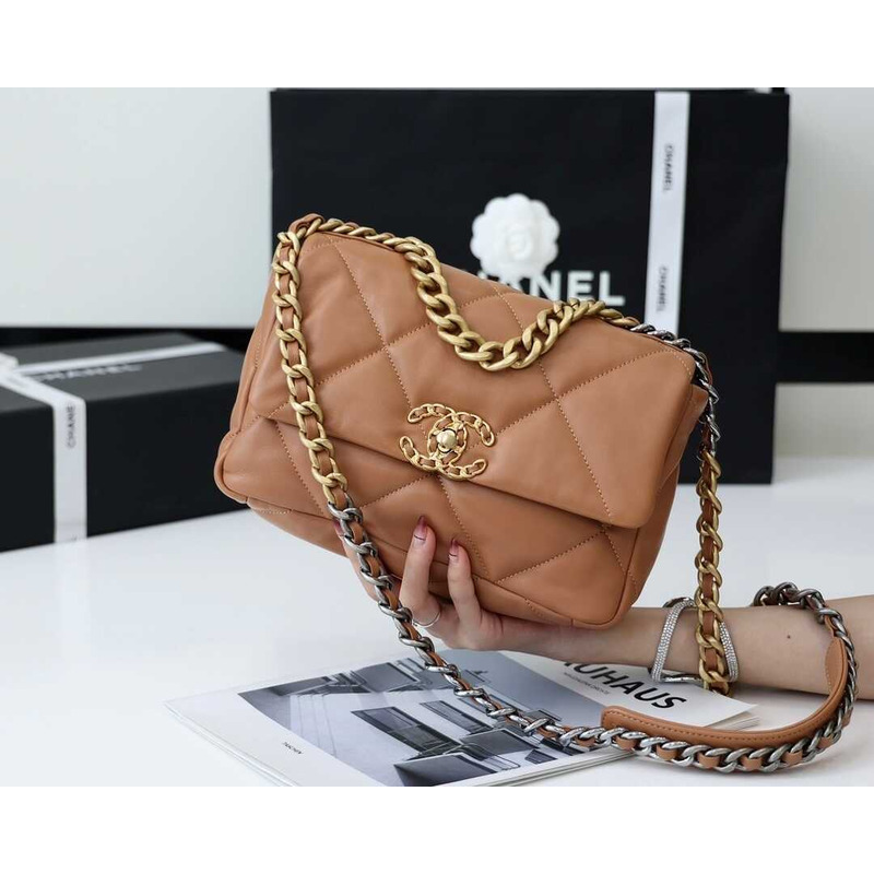 Ch*el 19 small flap lambskin silver aged gold brown