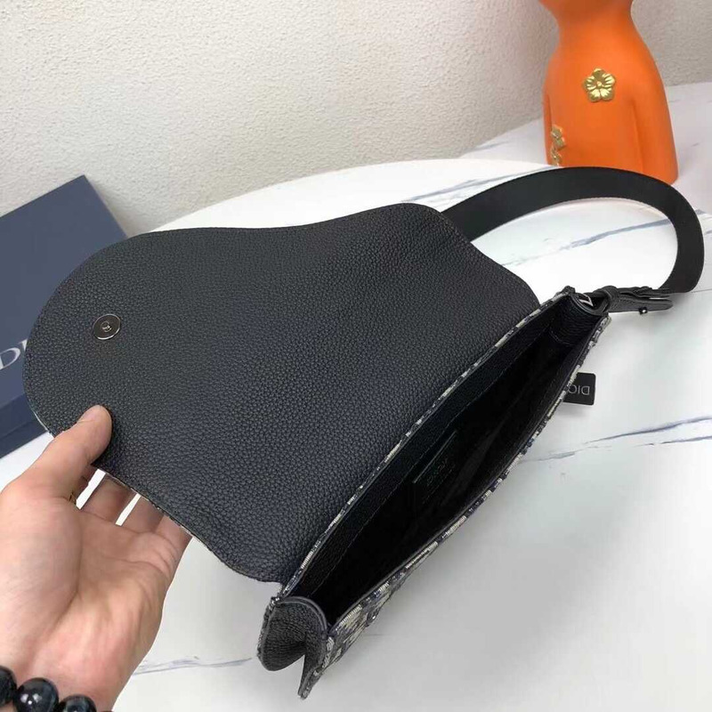 D*or saddle messenger bag beige and black oblique printed fabric and black grained cowhide leather