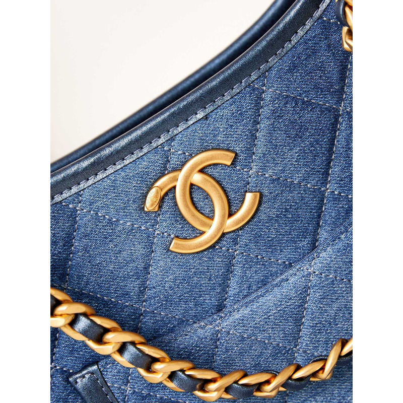 Ch*el hobo handbag washed denim & gold-tone metal blue