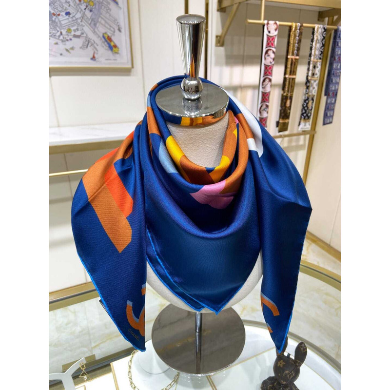 Ch*el square scarf silk twill blue
