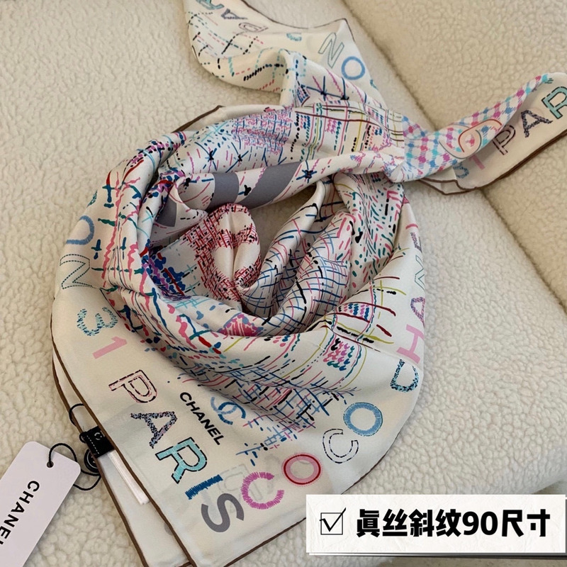 Ch*el silk scarf multicolor white