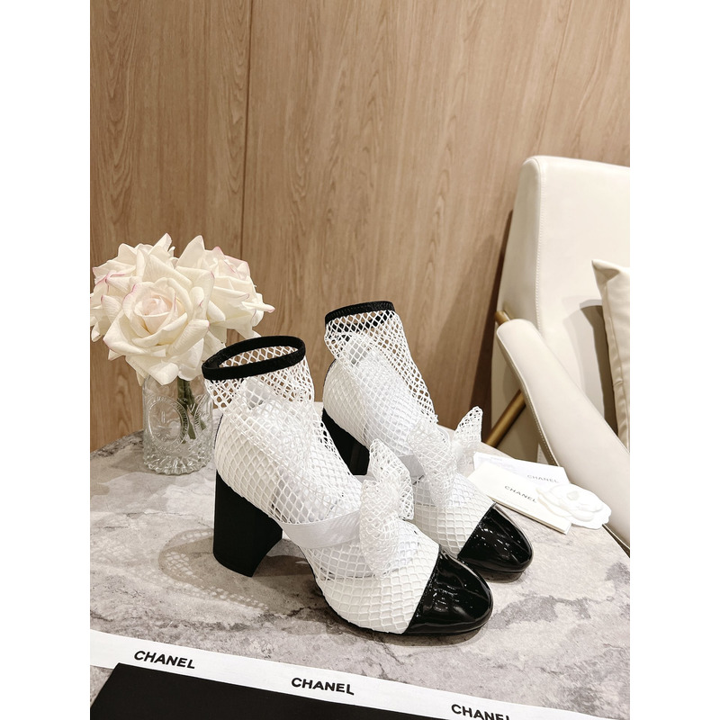 Ch*el white mesh preowned slip on bow ankle boots