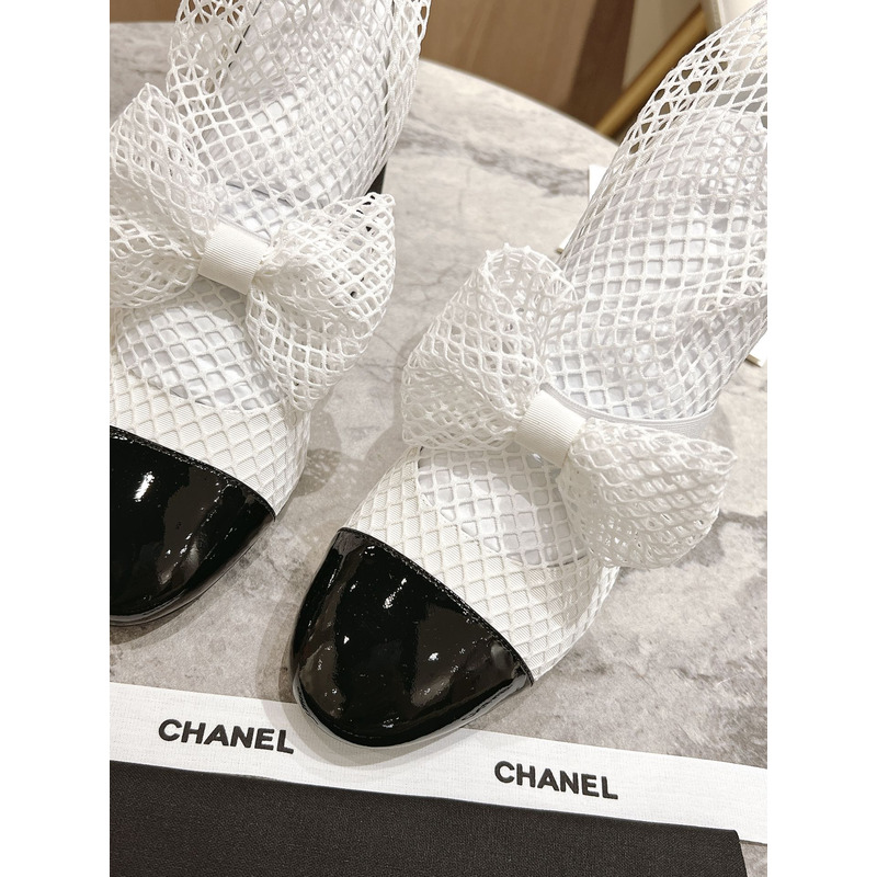 Ch*el white mesh preowned slip on bow ankle boots