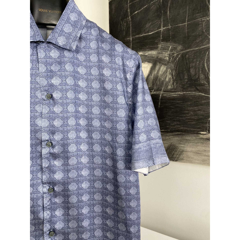 D*or cannage short-sleeved shirt  blue silk twill