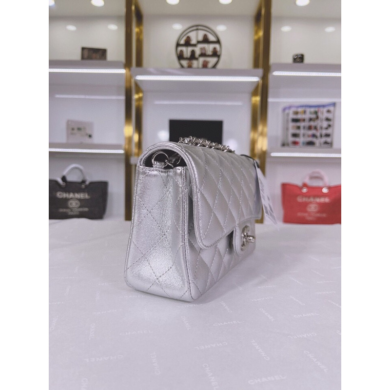 Ch*el metallic lambskin quilted mini rectangular flap silver