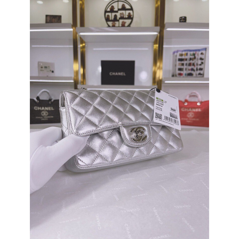 Ch*el metallic lambskin quilted mini rectangular flap silver