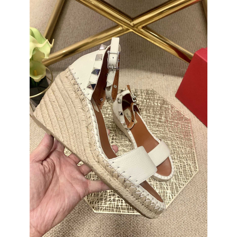 Valentino Double Rockstud Calfskin Wedge Sandal 105 MM Biege