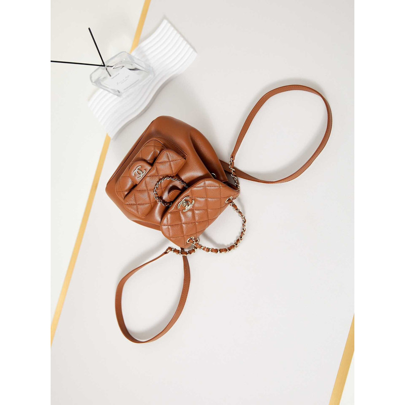 Ch*el small backpa calfskin & gold-tone metal camel