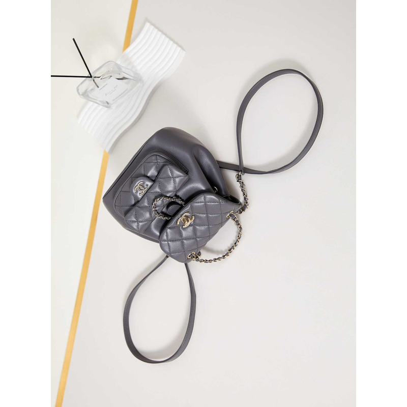 Ch*el small backpa calfskin & gold-tone metal gray