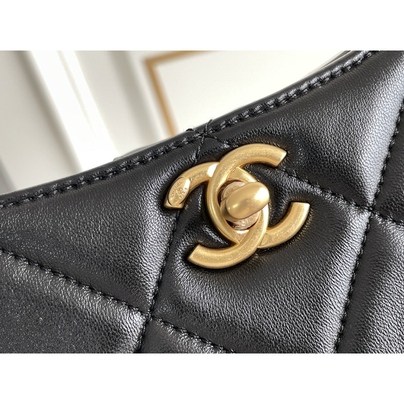 Ch*el small hobo bag grained shiny calfskin & gold-tone metal black