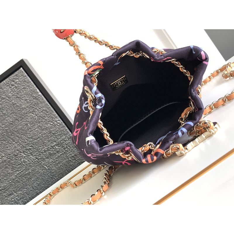 Ch*el backpack printed fabric & gold metal black & multicolour