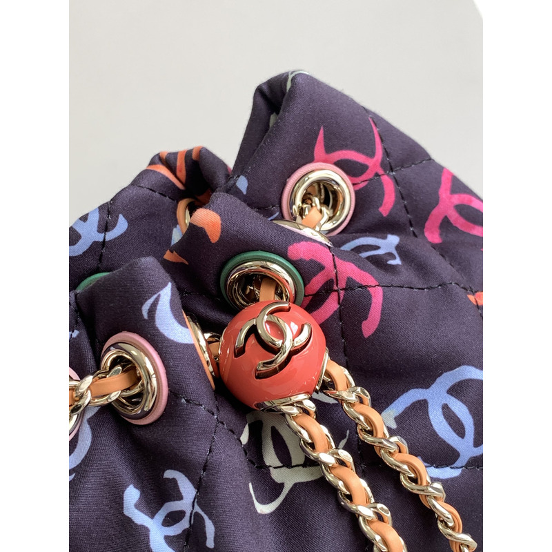 Ch*el backpack printed fabric & gold metal black & multicolour