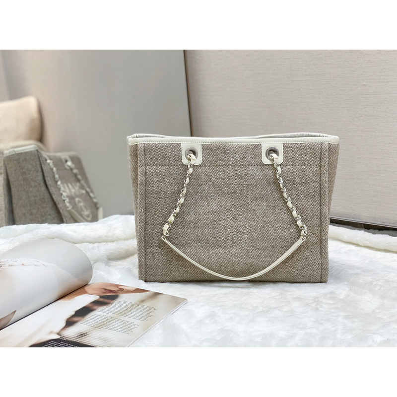 Ch*el deauville chain tote bag in beige/gray