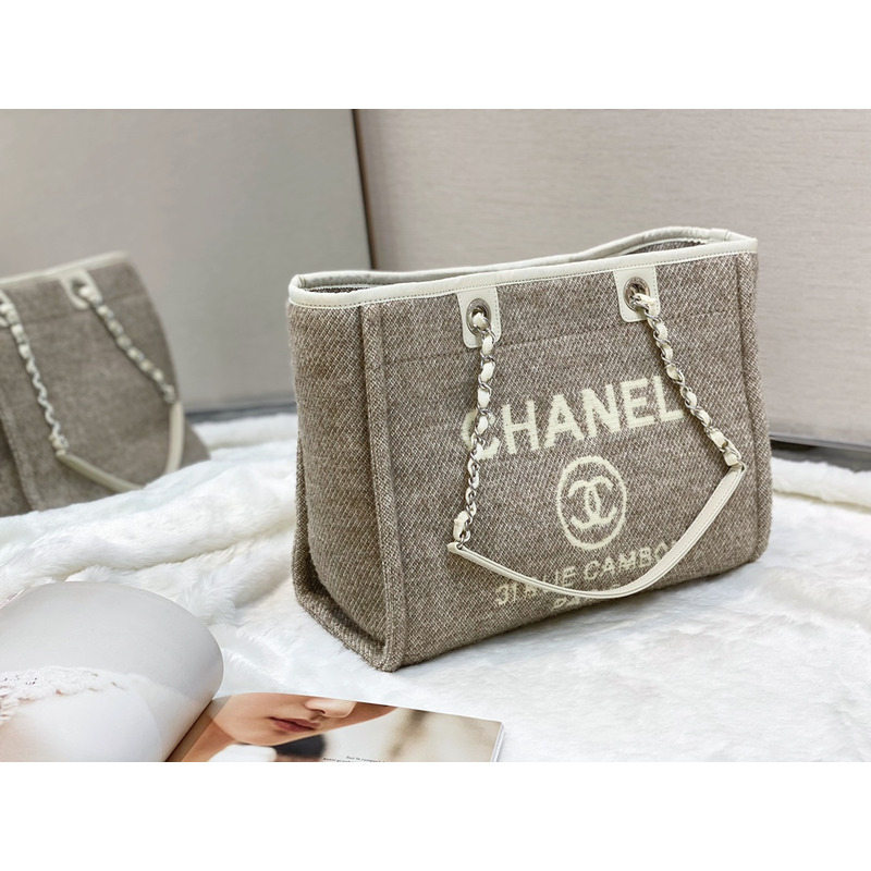 Ch*el deauville chain tote bag in beige/gray