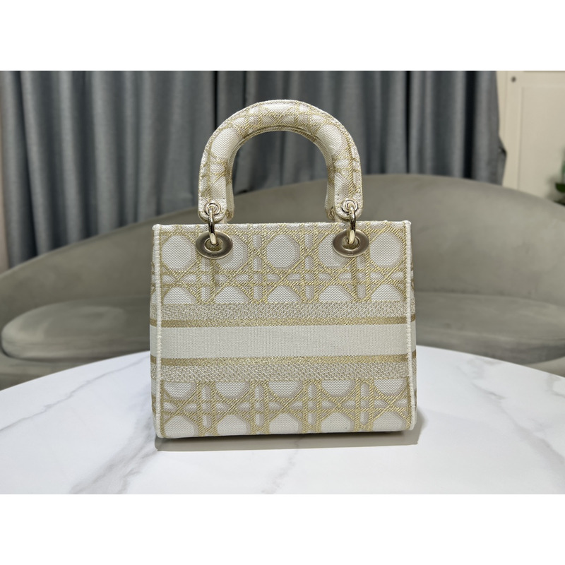 D*or medium lady d-lite bag  white and gold-tone macrocannage embroidery