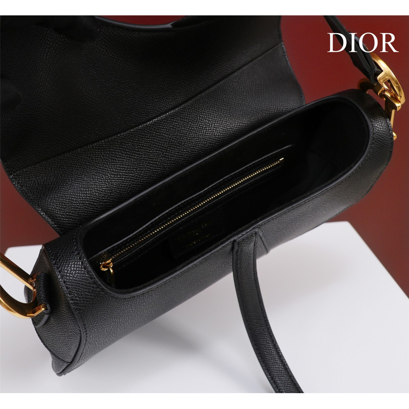D*or saddle bag with shoulder strap  black grained calfskin