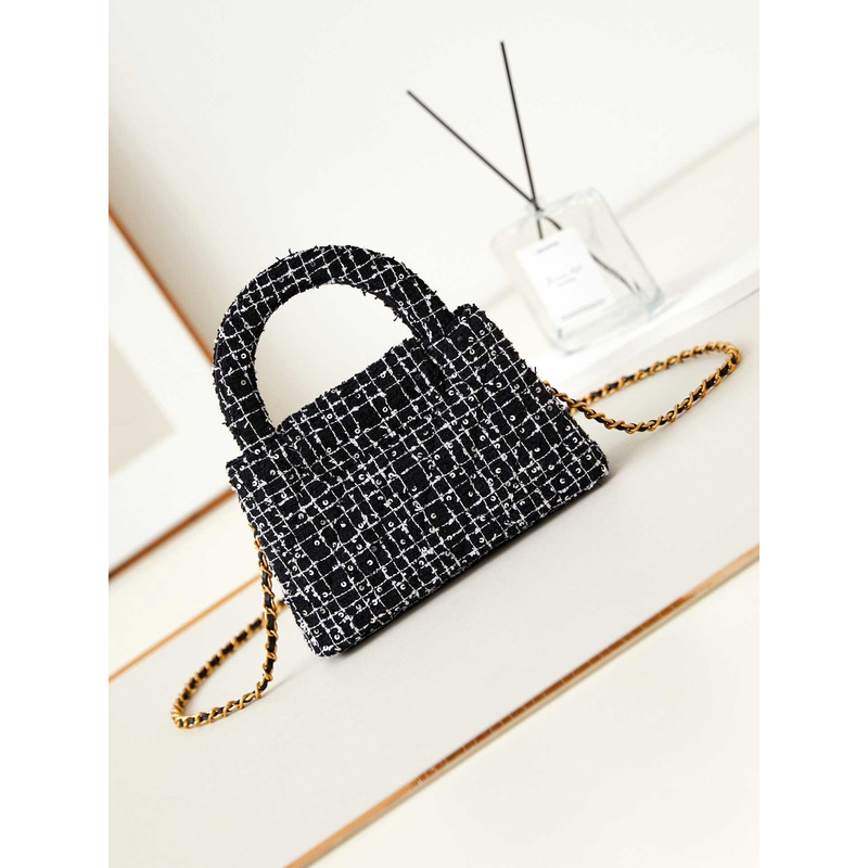 Ch*el mini kelly shopping bag cotton tweed black