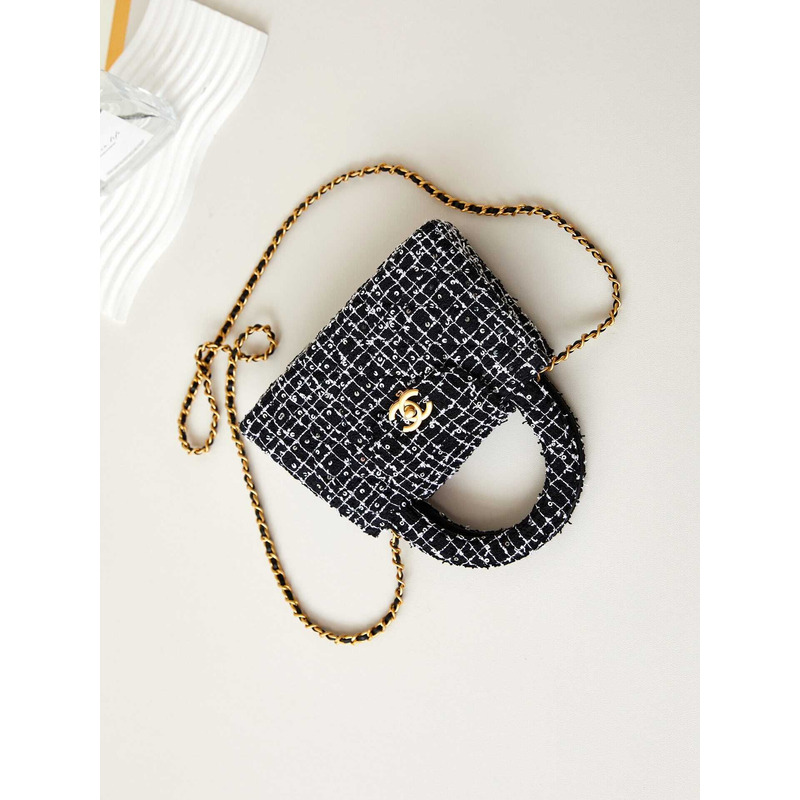 Ch*el mini kelly shopping bag cotton tweed black