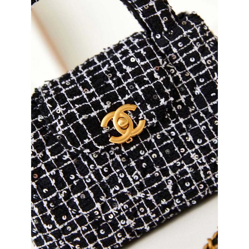 Ch*el mini kelly shopping bag cotton tweed black