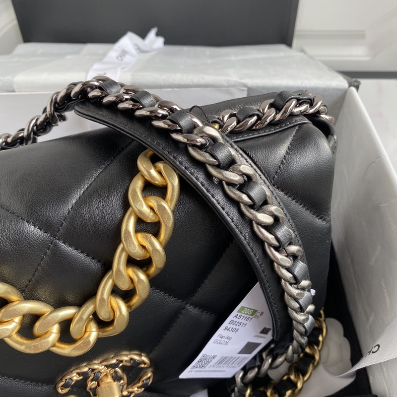 Ch*el 19 black handbag gold