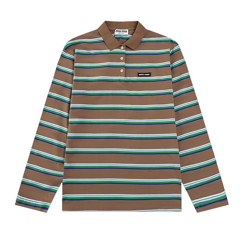Miu Miu Jersey Polo Shirt Stripes Long-sleeved Cotton Brown