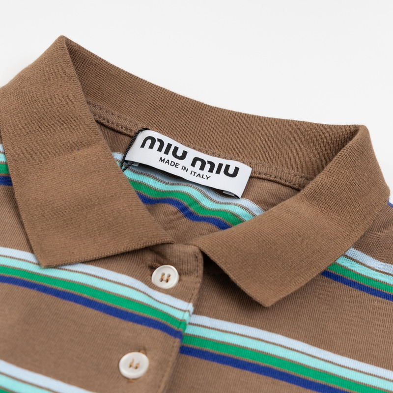 Miu Miu Jersey Polo Shirt Stripes Long-sleeved Cotton Brown