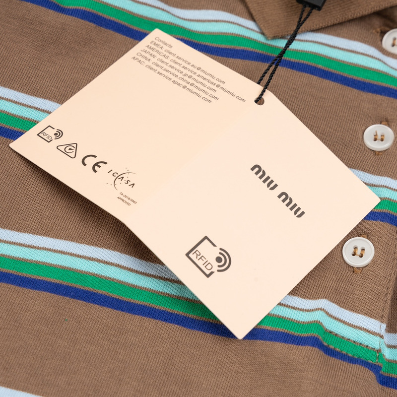 Miu Miu Jersey Polo Shirt Stripes Long-sleeved Cotton Brown