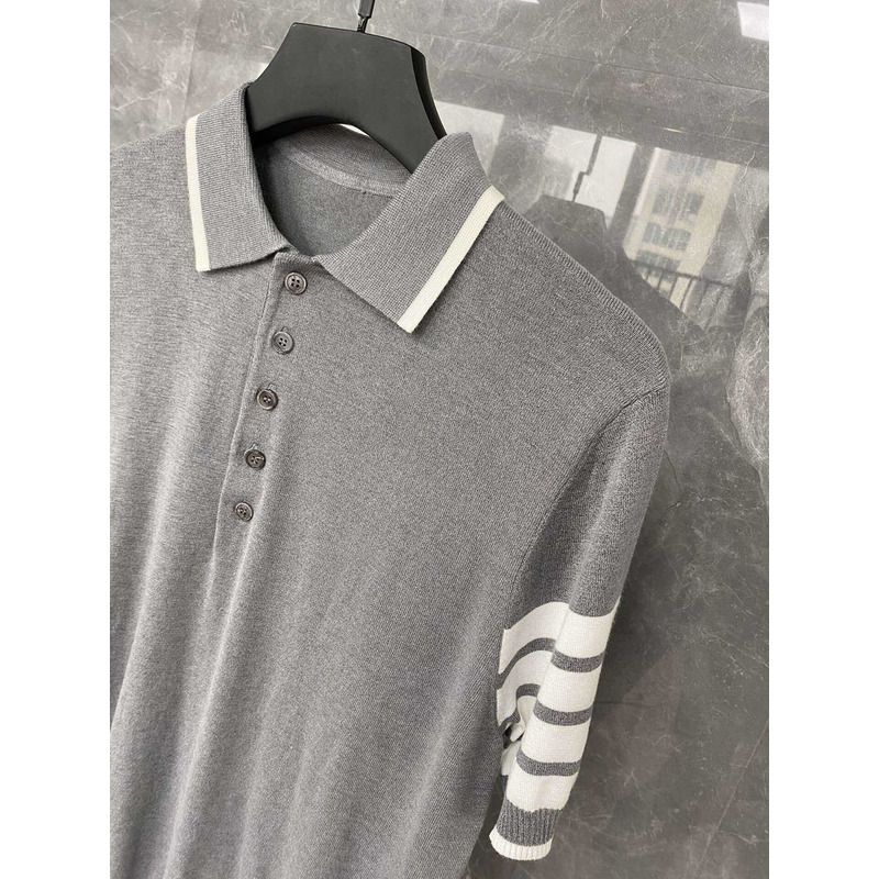 Thom Browne  Cotton 4-Bar Short Sleeve Polo Gray