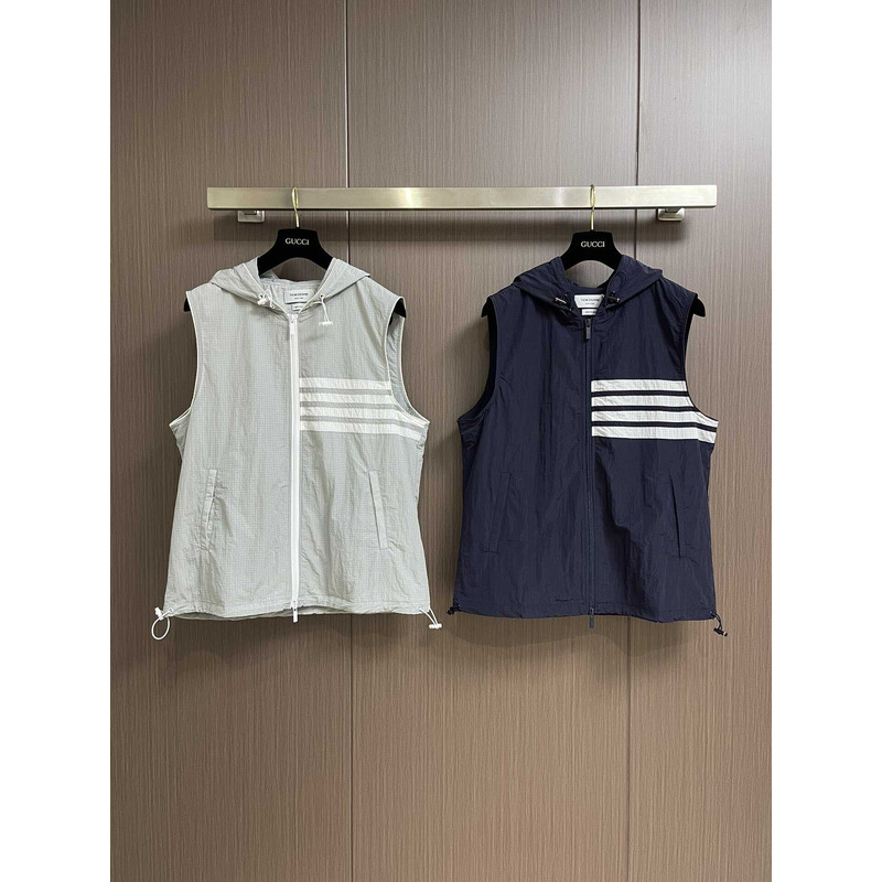 Thom Browne 4-Bar Striped Zipped Ripstop Hooded Gilet Grey