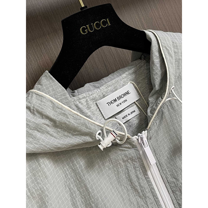 Thom Browne 4-Bar Striped Zipped Ripstop Hooded Gilet Grey