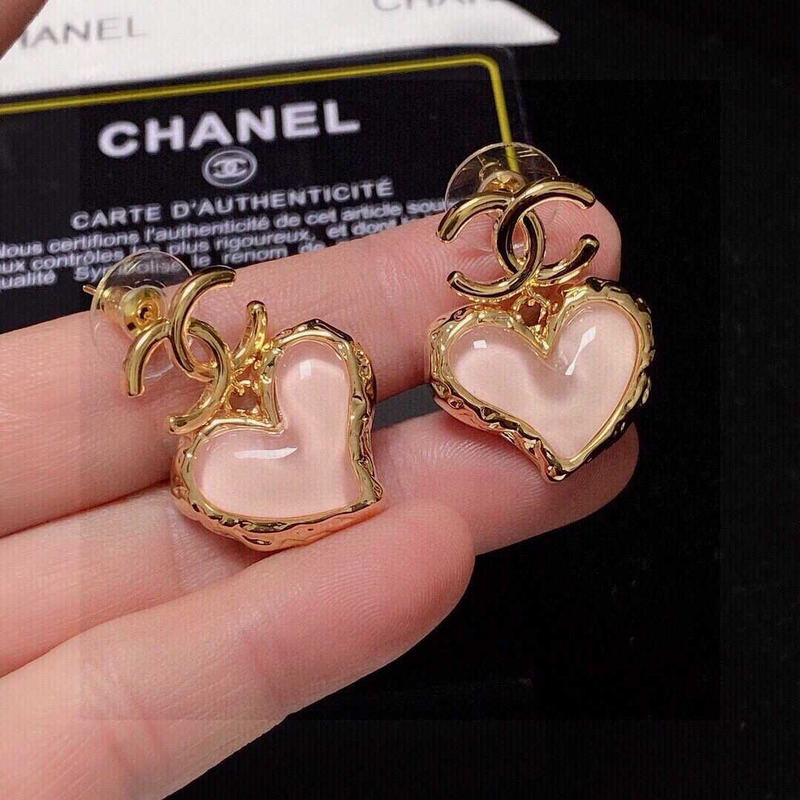 Ch*el love rhinestone earrings gold logo pink