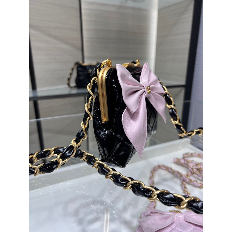 Ch*el clutch with chain gold-tone metal black & pink