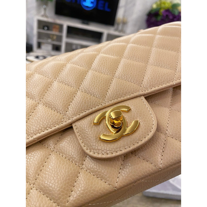 Ch*el large classic caviar handbag beige