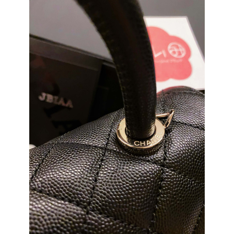 Ch*el  flap bag with handle grained calfskin & gold-tone metal black