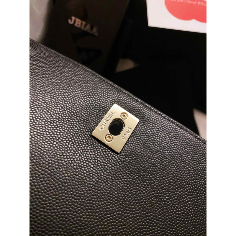 Ch*el  flap bag with handle grained calfskin & gold-tone metal black