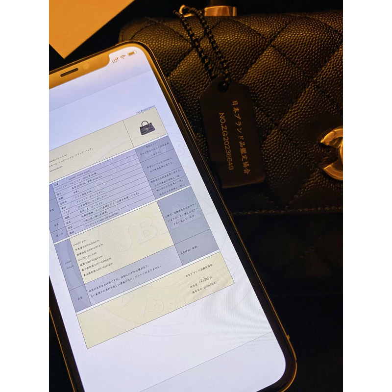 Ch*el  flap bag with handle grained calfskin & gold-tone metal black