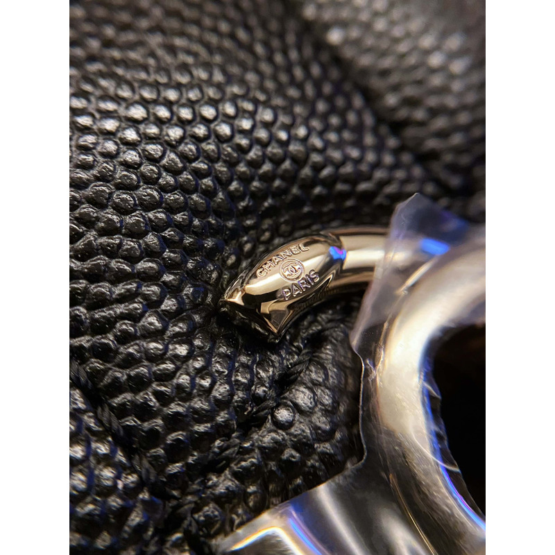 Ch*el  flap bag with handle grained calfskin & gold-tone metal black