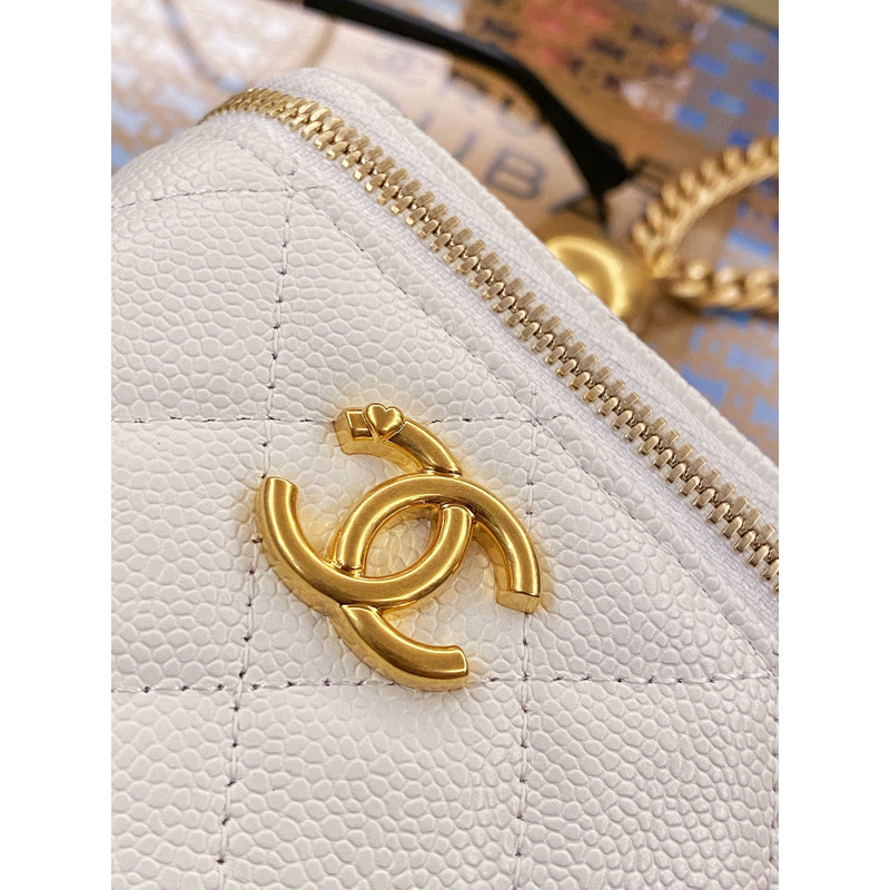 Ch*el quilted caviar mini vanity case gold hardware white